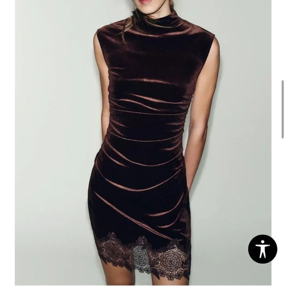 NWT Zara Velvet Lace Dress - Dark Brown - Size M - Picture 3 of 9